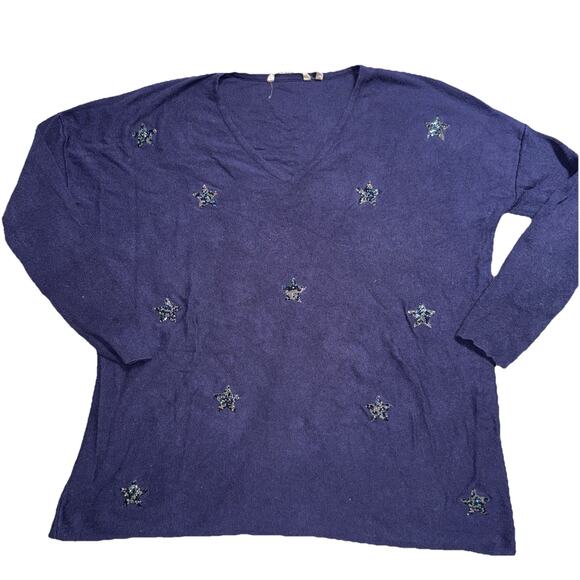 Soft Surroundings Embellished Star Blue V Neck Sweater Womens Size L 4th July - Picture 1 of 9